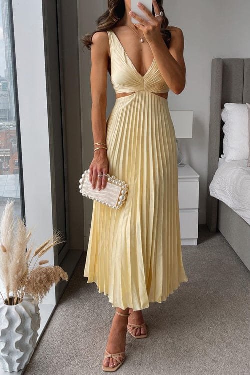 Women's Pleated Satin Wedding Guest Maxi Dress - Yellow