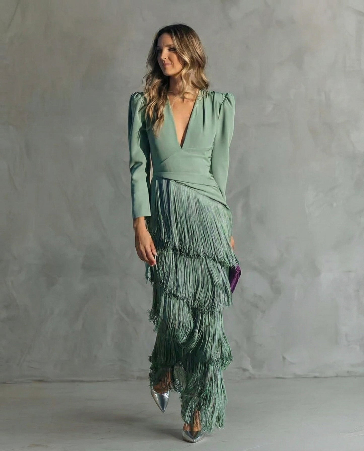 Formal Long Sleeve Maxi Dress - Light green