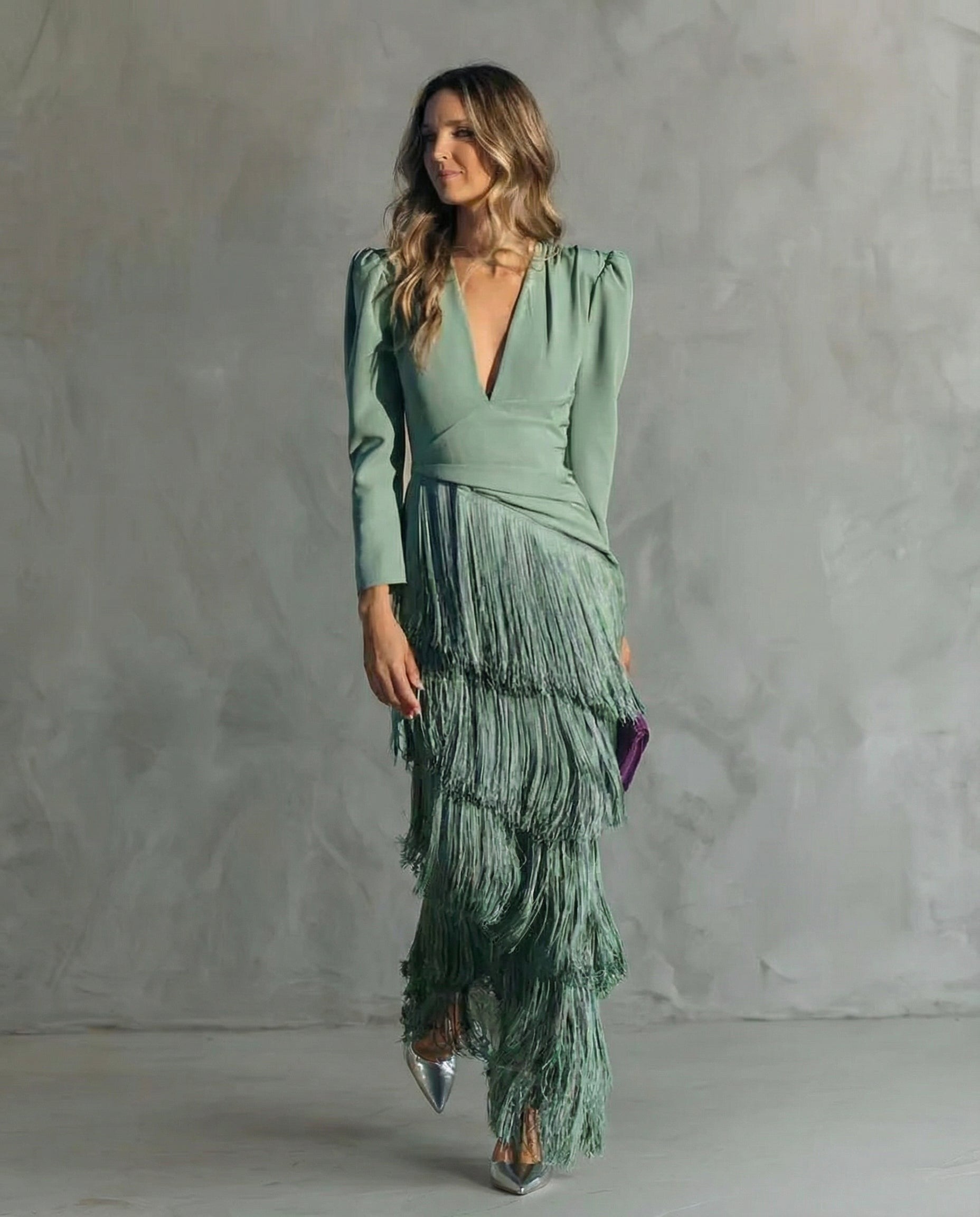 Formal Long Sleeve Maxi Dress - Light green