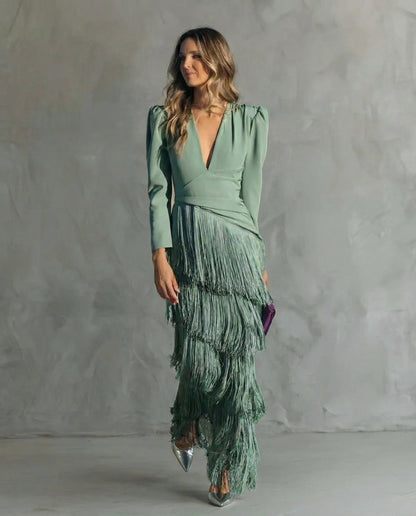 Formal Long Sleeve Maxi Dress - Light green