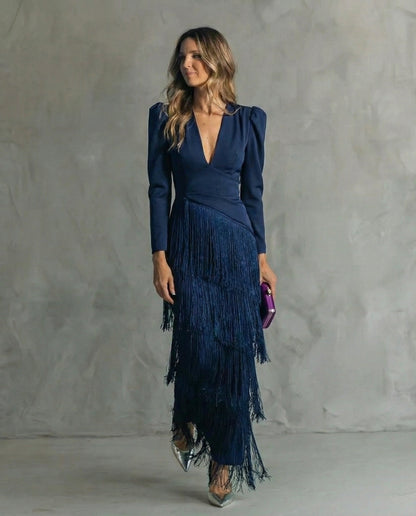 Formal Long Sleeve Maxi Dress - Blue