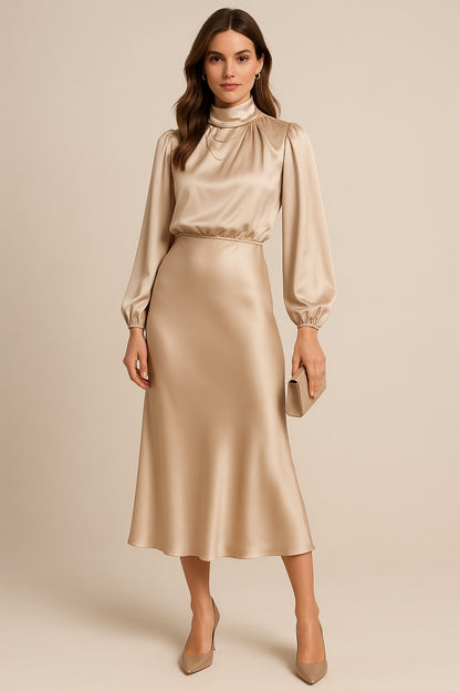Long Sleeve Satin Midi Dress - Apricot
