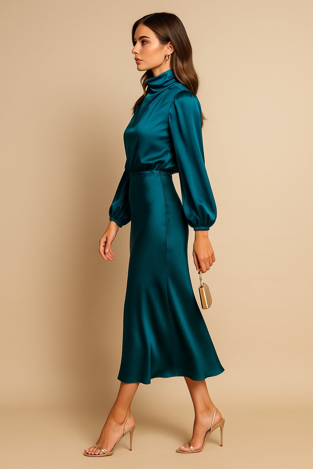 Long Sleeve Satin Midi Dress - Blue