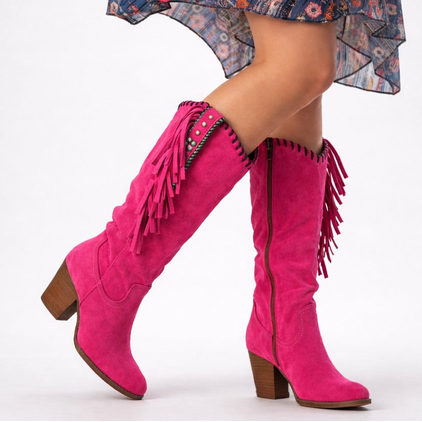 Knee High Western Boots - Pink
