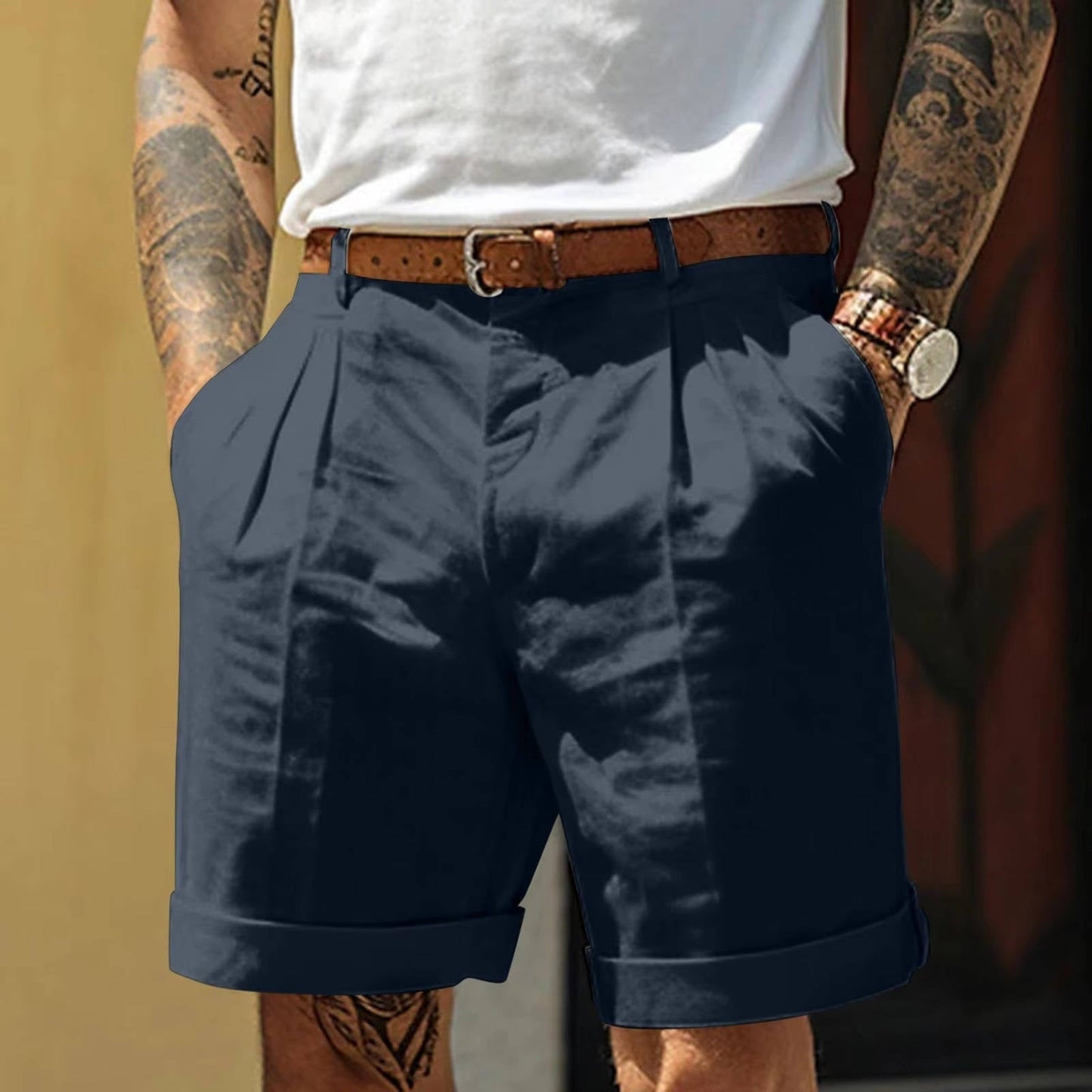 High Waisted Pleated Shorts - Navy