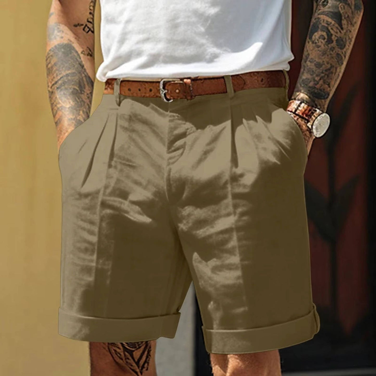 High Waisted Pleated Shorts - Army Green