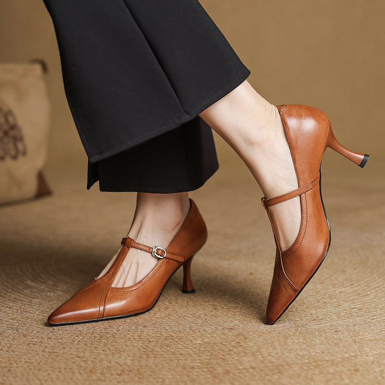 Pointed Toe Mary Jane Pumps - Brown
