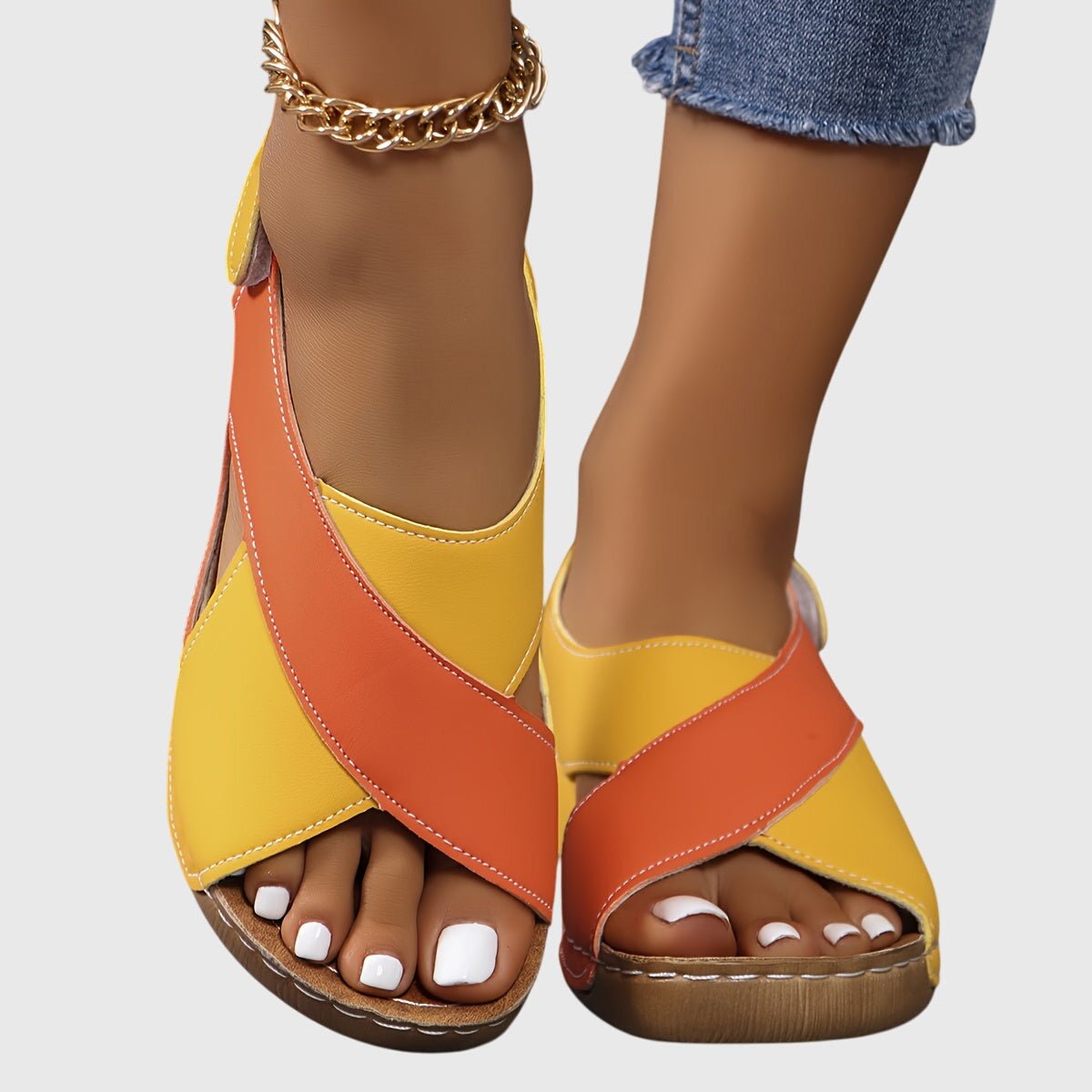 Women's Faux Leather Wedge Sandals - Orange