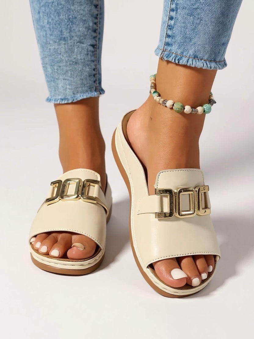 Low Wedge Slide Sandals - Beige