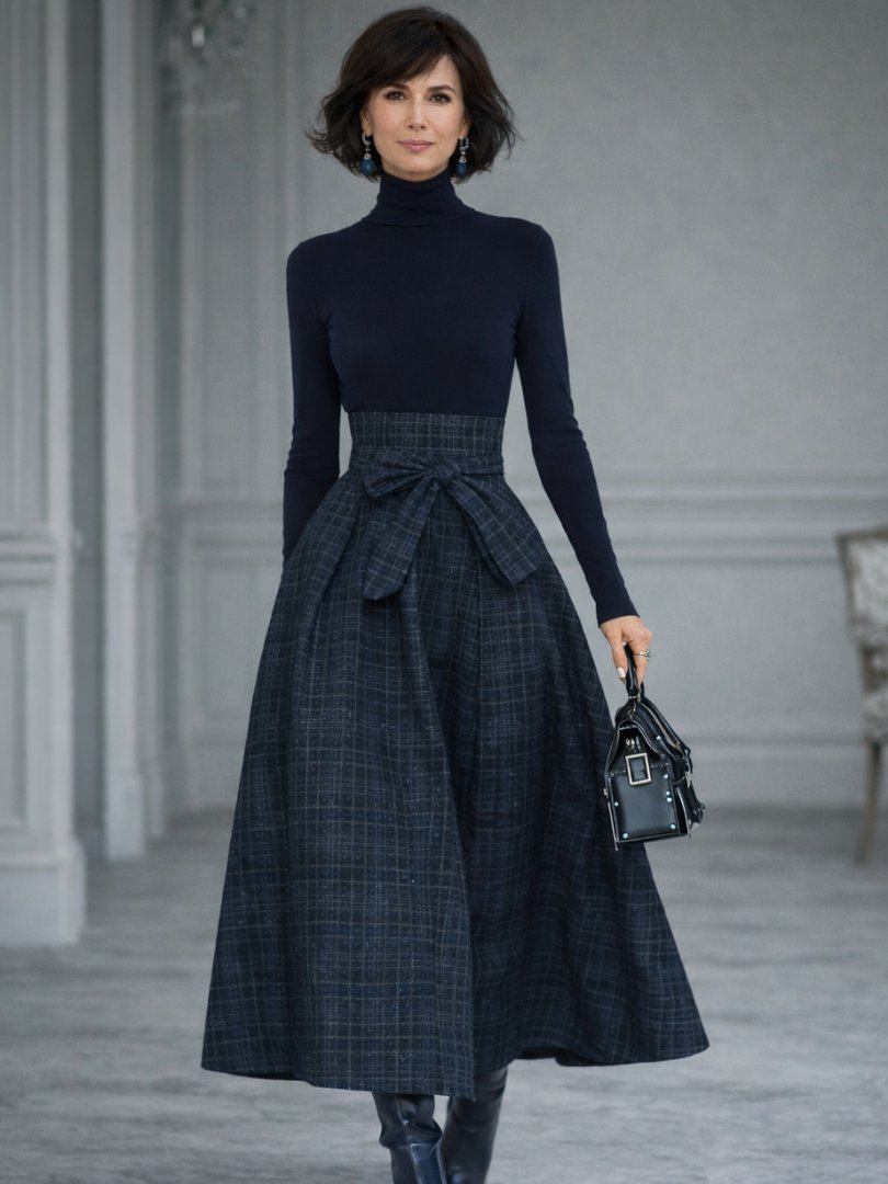 Women's High-Waisted Plaid Midi Skirt - Navy
