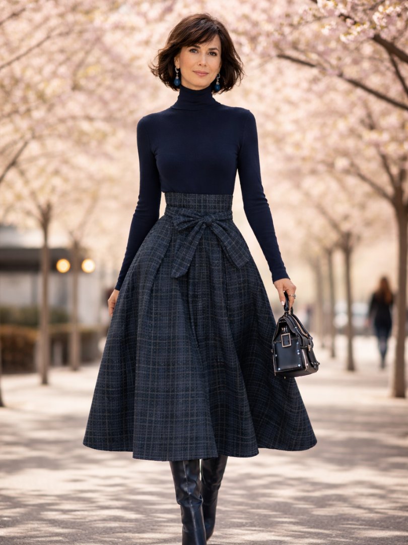 Women's High-Waisted Plaid Midi Skirt