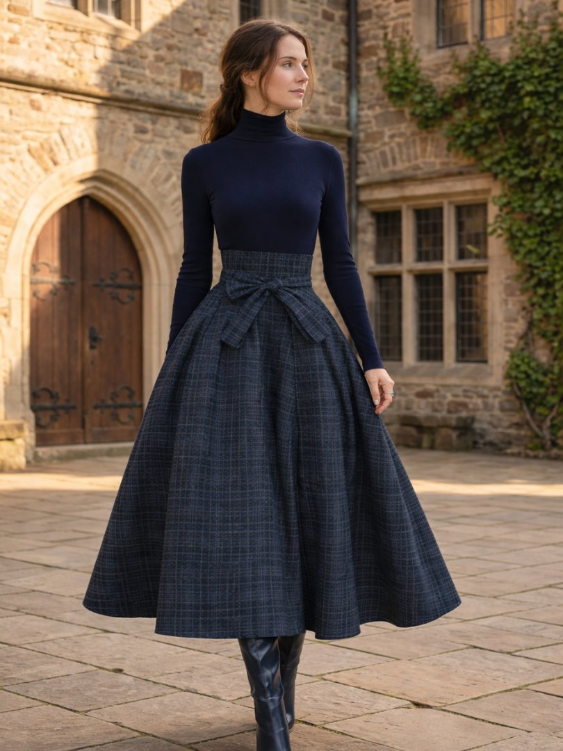 Women's High-Waisted Plaid Midi Skirt