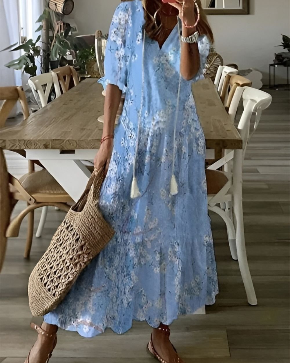 Women's Ikat Maxi Dress - Light Blue