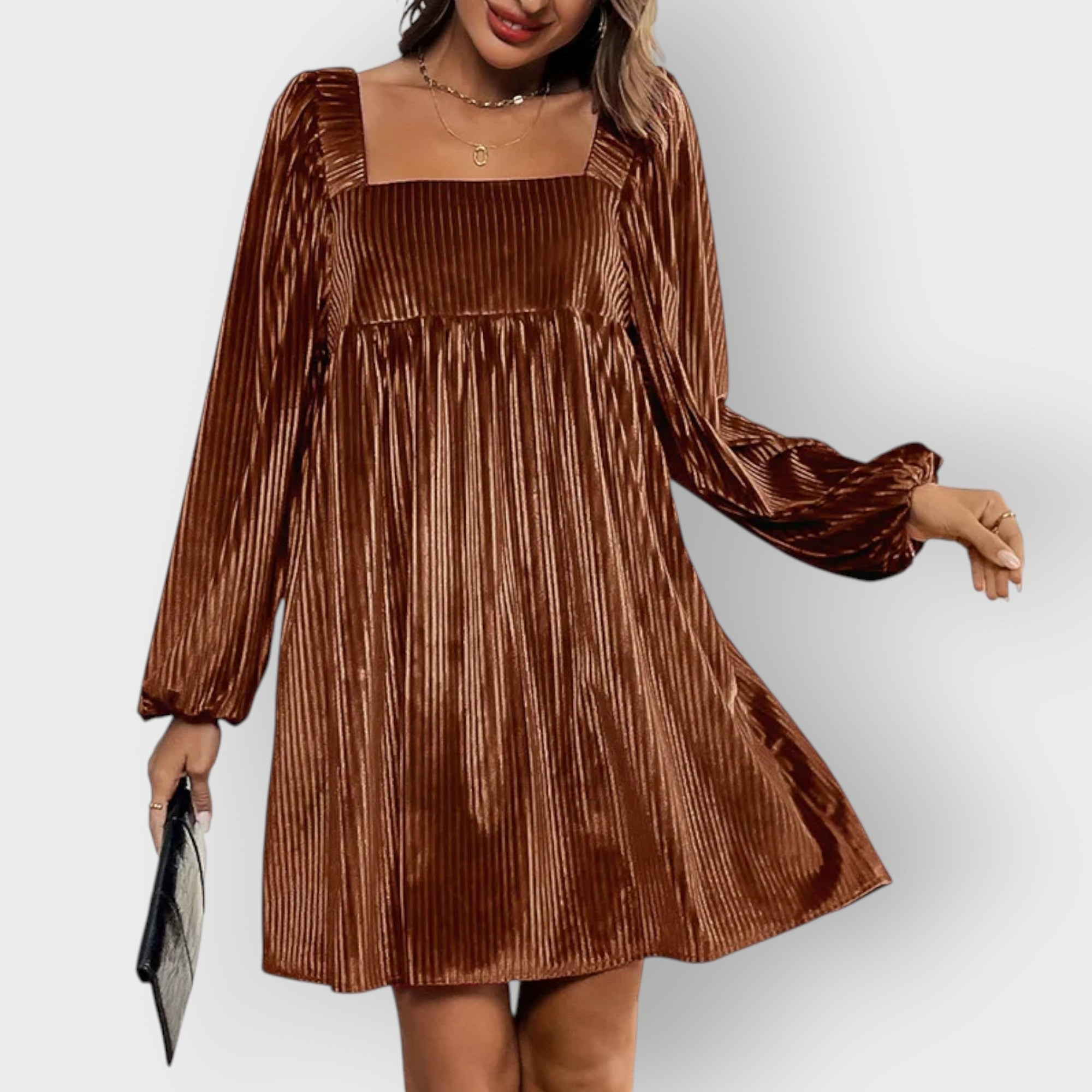 Women's Pleated Party Mini Dress - Brown
