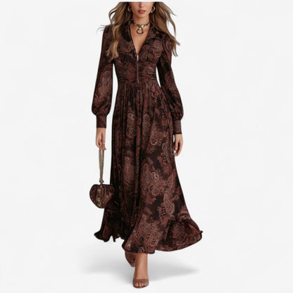 Boho Long Sleeve Maxi Dress - Brown