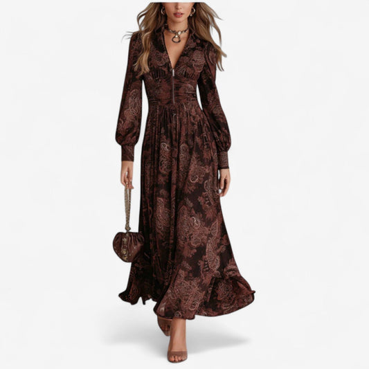 Boho Long Sleeve Maxi Dress - Brown
