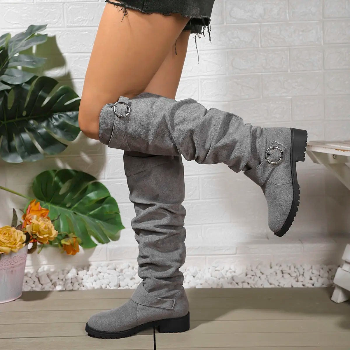 Knee High Riding Boots - Light Grey