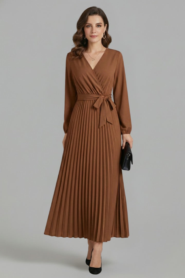 Wedding Guest Pleated Midi Dress - Brown