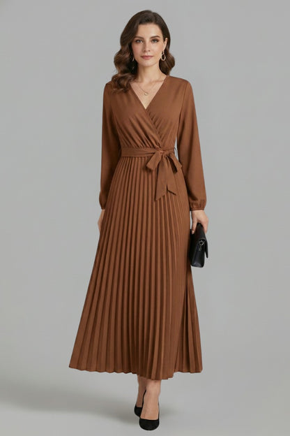 Wedding Guest Pleated Midi Dress - Brown