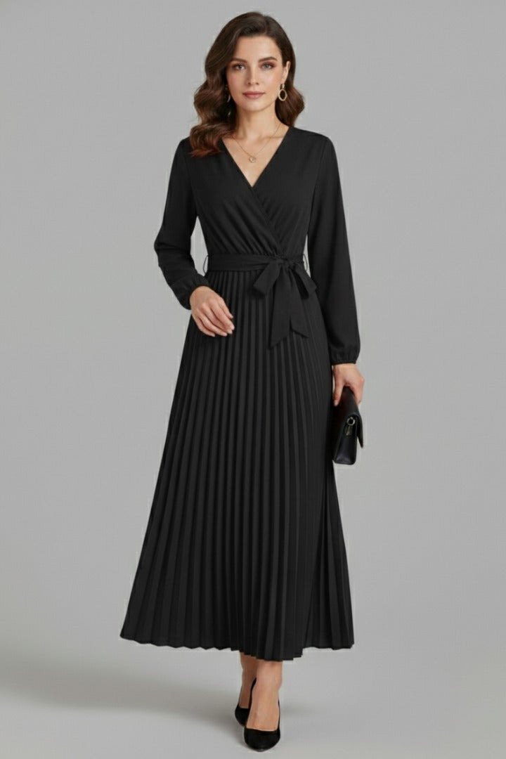 Wedding Guest Pleated Midi Dress - Black