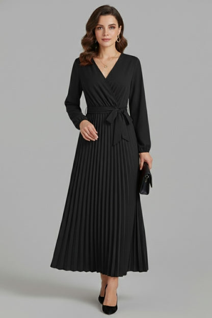 Wedding Guest Pleated Midi Dress - Black