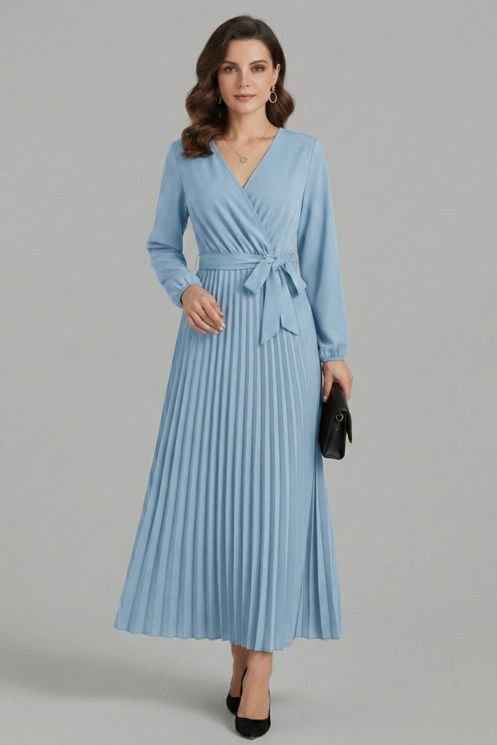 Wedding Guest Pleated Midi Dress - Sky Blue