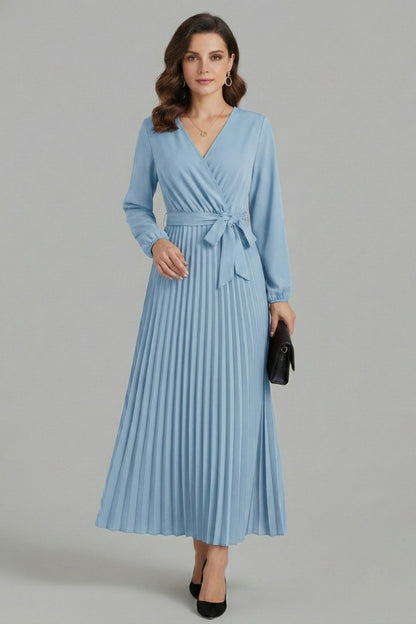 Wedding Guest Pleated Midi Dress - Sky Blue