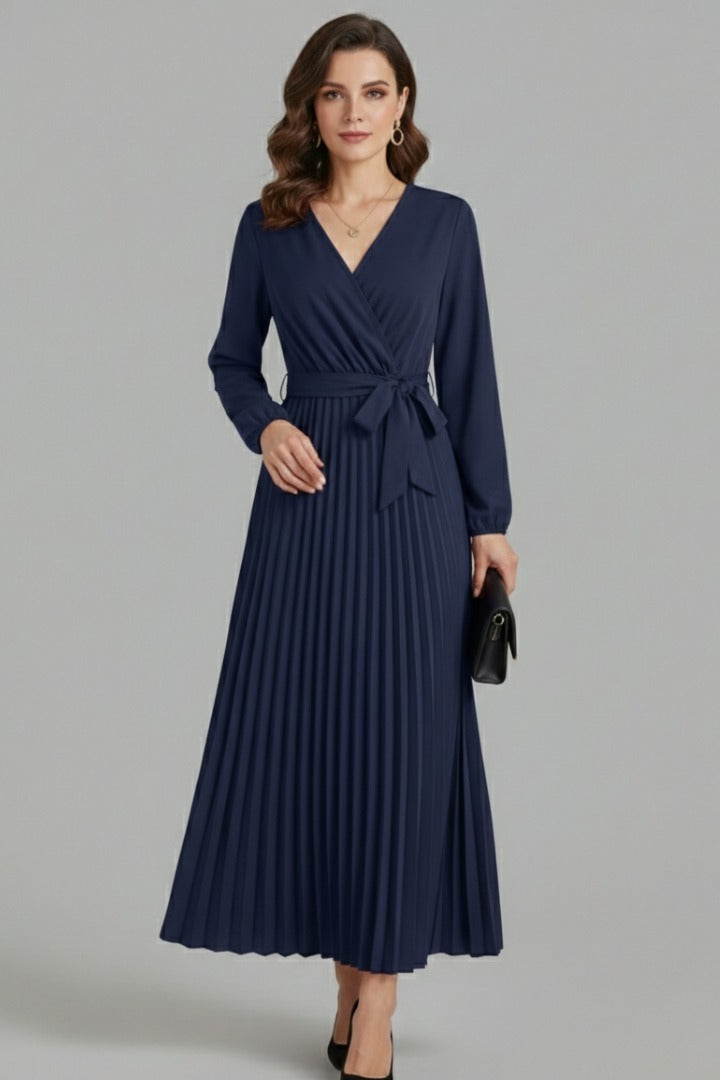 Wedding Guest Pleated Midi Dress - Navy Blue