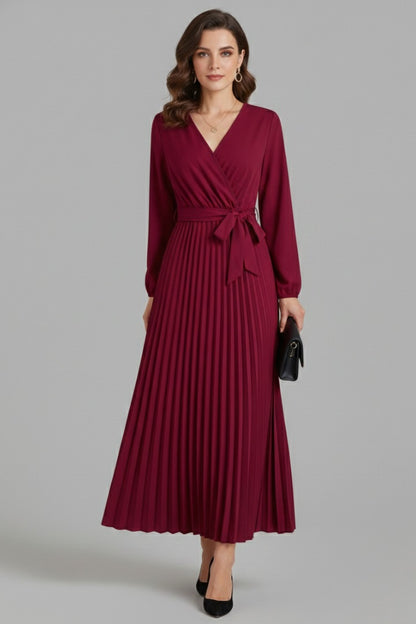Wedding Guest Pleated Midi Dress - Red