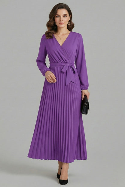 Wedding Guest Pleated Midi Dress - Purple
