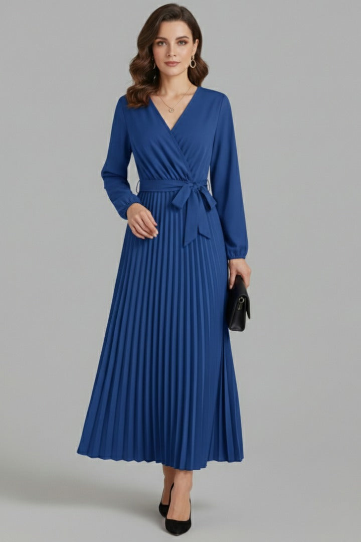 Wedding Guest Pleated Midi Dress - Blue