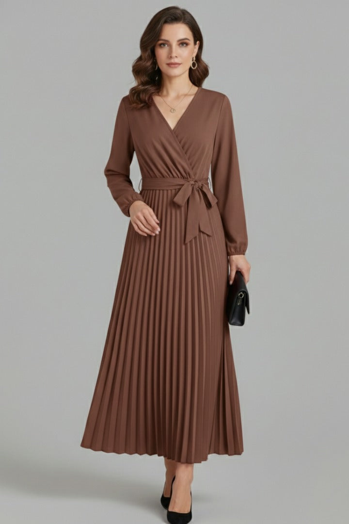 Wedding Guest Pleated Midi Dress - Khaki