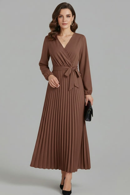 Wedding Guest Pleated Midi Dress - Khaki